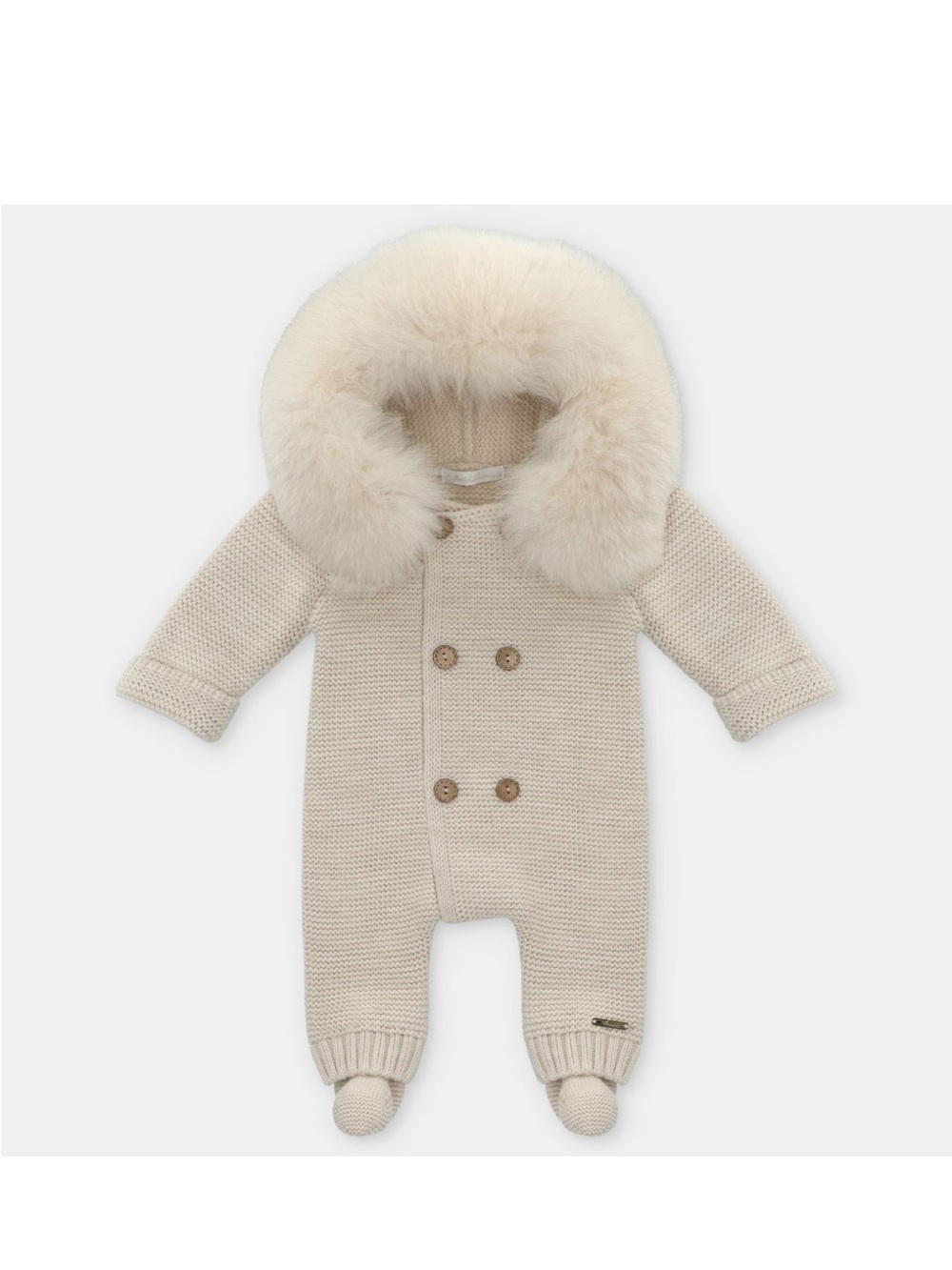 Esprit Cream Knit Footed One-Piece with Faux Fur Hood